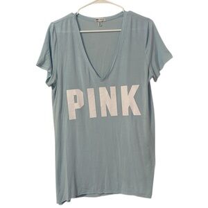 PINK Super Soft Light Blue Graphic Logo V Neck Tee